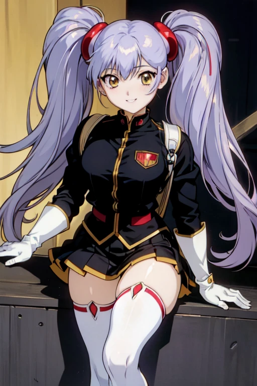 (masterpiece), (highest quality), Detailed face, anime \(style\), Hoshino_It is_(dry), One girl, View Viewer, Purple Hair, Yellow Eyes, Twin tails, hair ornaments, army, army uniform, White gloves, smile, evil smile, Portraiture, badge, Black Skirt, Black knee socks,