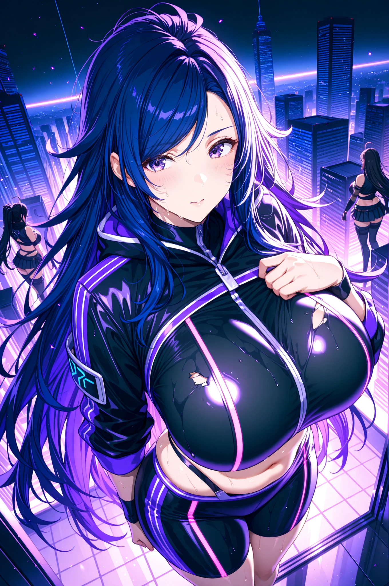 (masterpiece:1.37), best quality, (extremely detailed:1.37), woman, (very long hair:1.5), dark purple hair, purple eyes, (extremely detailed eyes:1.37), hoodie, cleavage, navel, jeans, open fly, desperation, (wetting: self 3.0), standing, city, futuristic, neon lighting, high-tech