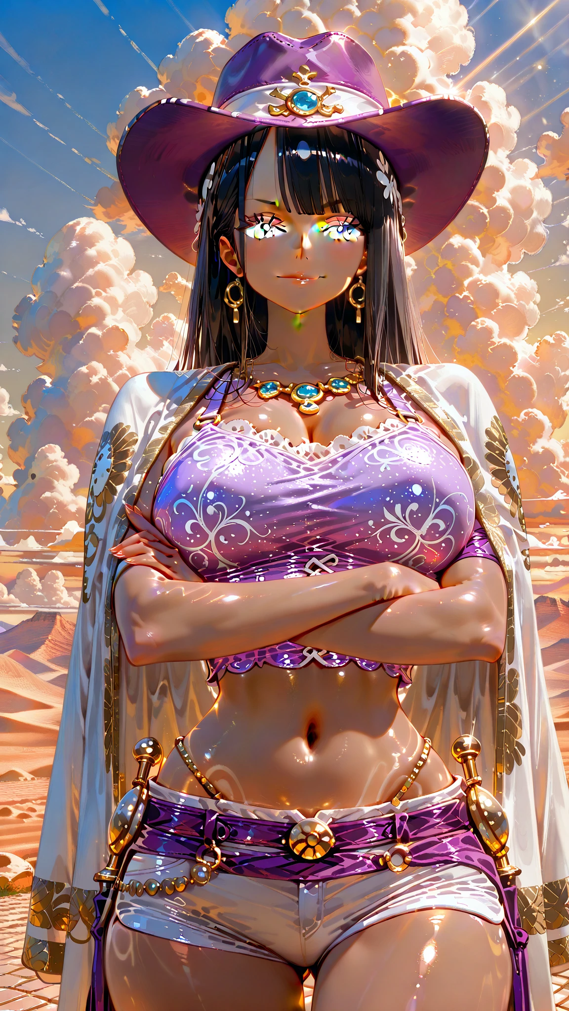(masterpiece, best quality:1.2), solo, midler, earrings, necklace, headband, yellow scarf, pastels in star shape, big breasts, yellow thong, sandals, standing, sand, desert, sky, sun, facing