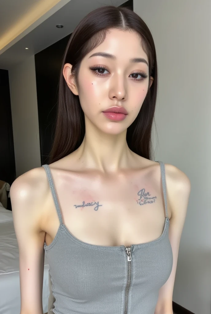 (lifelike, high resolution:1.3), 1 girl with a perfect figure, The face shape and eyes are super beautiful,Random Hairstyle,Random decoration,Random tattoos, Random color vest:1.2,Random style shorts:1.2, Big boobs,Showing cleavage