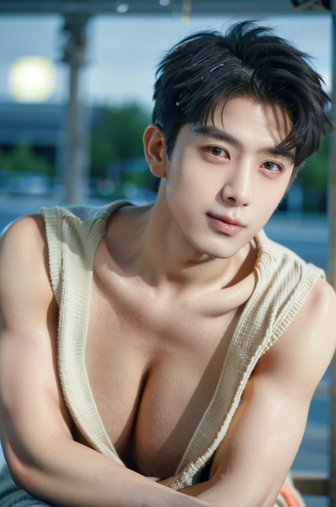 (best quality:1.4), (ultra highres:1.2), (photorealistic:1.4), (8k, RAW photo:1.2), Realistic handsome Japanese guy, muscle, fit, 18 years old, shirtless, topless, wear jockstrap, bedroom, wet body, raincoat, rain day, rain, on street in the city