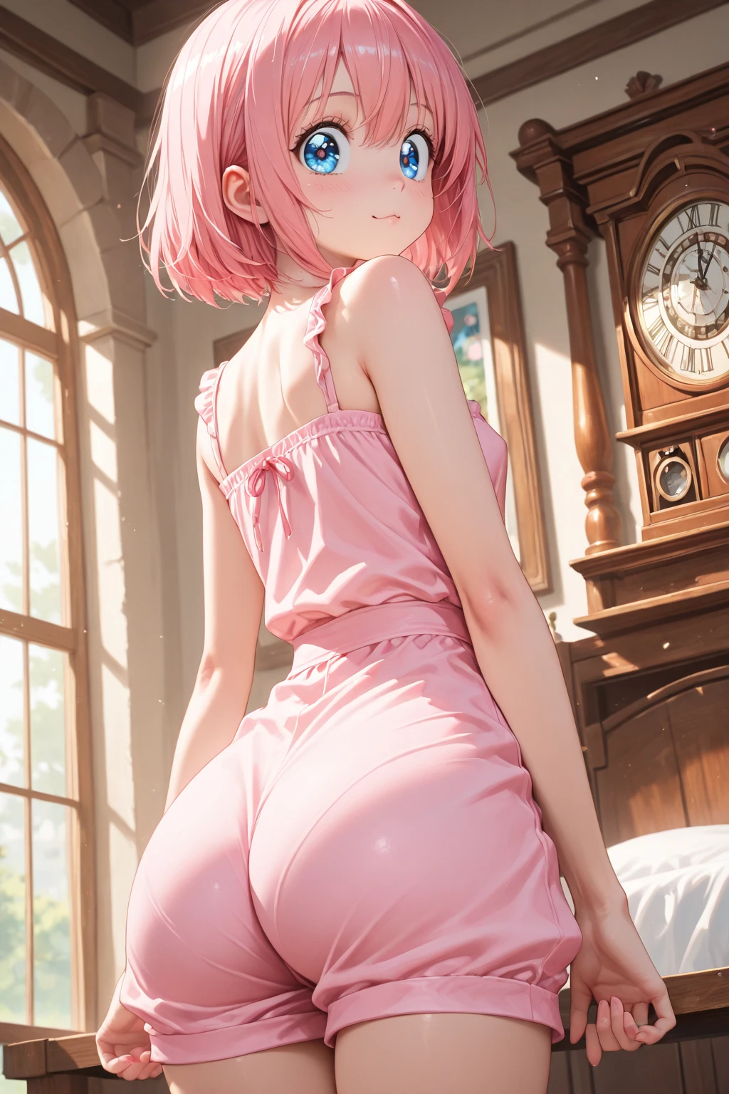 ((masutepiece)), ((Best Quality)), (ultra-detailliert), ((Extremely detailed)), 4K, (8K), 1girl in, Stunning cute girl, big round glasses, Extremely detailed eyes, Messy short hair with light pink bangs, ivory and pink two-tone bikini, fell to the floor