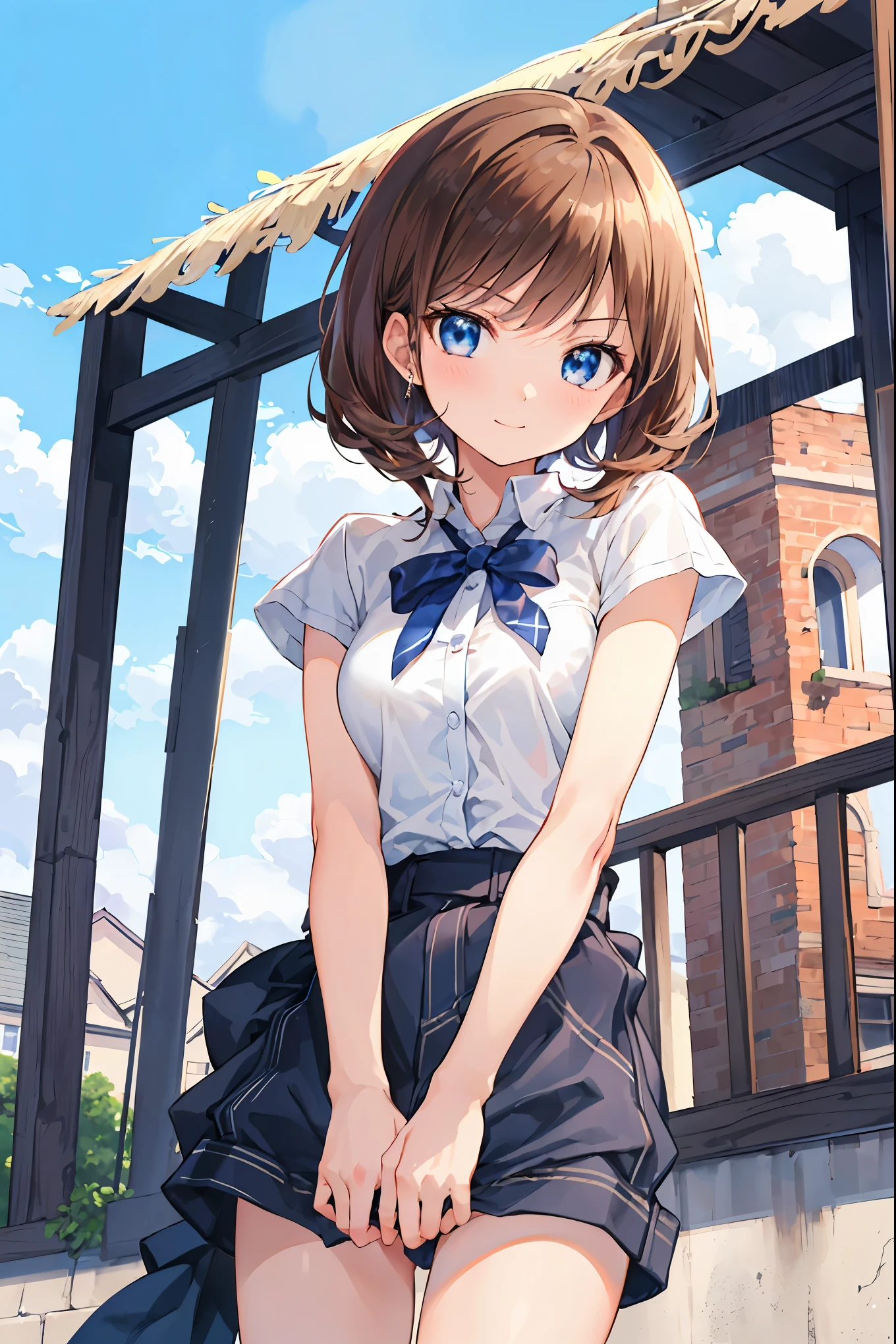 ((masterpiece)), (anime:1.5), ((Highest Quality)), (Original photo:1.2), (high resolution:1.3), (professional photo shoot:1.2), ( Color Difference), One Girl, (()), (serious), (beautiful brown eyes:1.3), viewers with the pool in the background, plain shirt, O-ring, tousled hair, Medium Hair, (Put your hands in your pants), ((Take off your work pants)), 明るいbrown hair, (small breasts), Cute waist, Outdoors, ((Top of the big bell tower)),brown hair,Shortcut,My hair is unkempt, short braided hair ,neat,My Blurry Hair with Openings,majestic posture,small breasts,Beautiful legs,Her enchanting gray-blue eyes shine like stars.,brightly colored,Beautiful Eyes,A delicate smile,textured skin,Highest Qualityのものが最高,A Gentle and Beautiful Woman,anime風、anatomically correct hand,correct foot anatomically correct