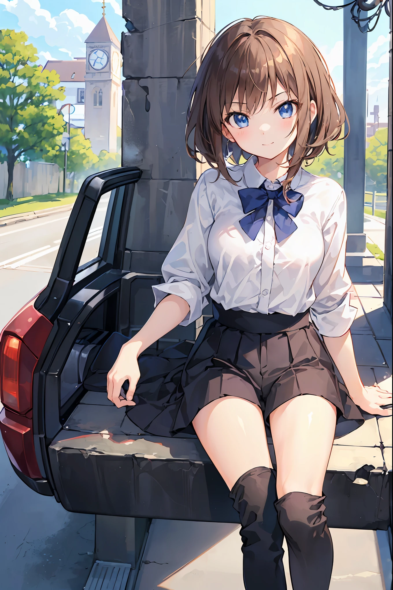 ((masterpiece)), (anime:1.5), ((Highest Quality)), (Original photo:1.2), (high resolution:1.3), (professional photo shoot:1.2), ( Color Difference), One Girl, (()), (serious), (beautiful brown eyes:1.3), viewers with the pool in the background, plain shirt, O-ring, tousled hair, Medium Hair, (Put your hands in your pants), ((Take off your work pants)), 明るいbrown hair, (small breasts), Cute waist, Outdoors, ((Top of the big bell tower)),brown hair,Shortcut,My hair is unkempt, short braided hair ,neat,My Blurry Hair with Openings,majestic posture,small breasts,Beautiful legs,Her enchanting gray-blue eyes shine like stars.,brightly colored,Beautiful Eyes,A delicate smile,textured skin,Highest Qualityのものが最高,A Gentle and Beautiful Woman,anime風、anatomically correct hand,correct foot anatomically correct