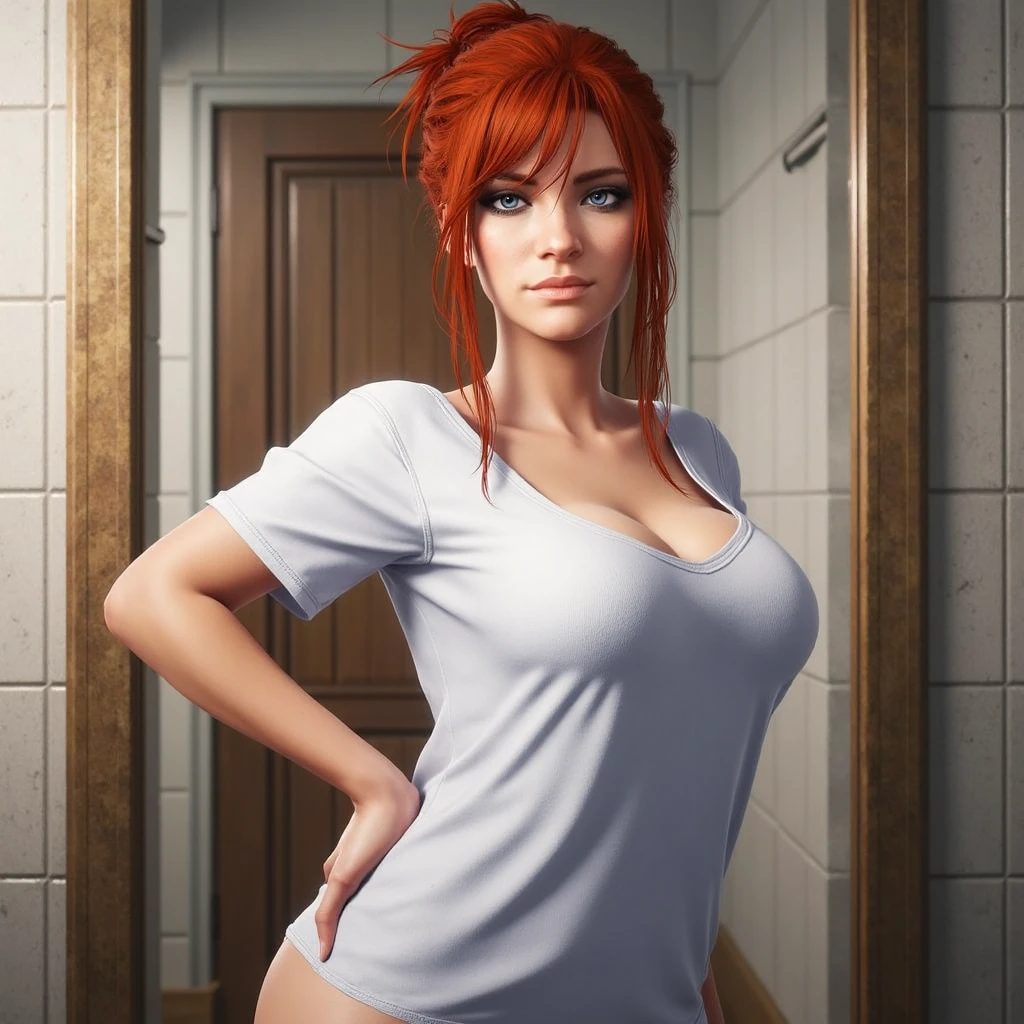 straight-on,looking a viewer, BREAK, Long hair, (big hips),hourglass body, ((fancy bathroom background)), redhead, (purple eyes:0.8), purple headband,,lipstick,makeup,lips,large breasts,clavicle,red-lips,claws,((wearing a white tshirt)), (((phone in one hand))),(((black panties))), detailed, (((white tshirt))), (((wearing a black thong))), 1girl, 独奏, long hair, full body portrait. happy, smilling ,skin tight,,Jewelry,glittering, BREAK, official arts,extremely detailed CG unity 8k wallpaper, perfect lighting,Farbeful, Bright_front_s face_illumination,sparkly skin, (Masterpiece:1.0),(Best_Quality:1.0), extra high resolution,4K,Ultra-detailed, photografic, 8K, HDR, hight resolution, (absurdress:1.2), Kodak portra 400, Film grain, blurred background, (bokeh:1.2), lens flare, (Vibrants_Farbe:1.2),professional photo of a, (Beautiful_s face:1.5), torpedo tits, fancy bathroom. mirror, towels