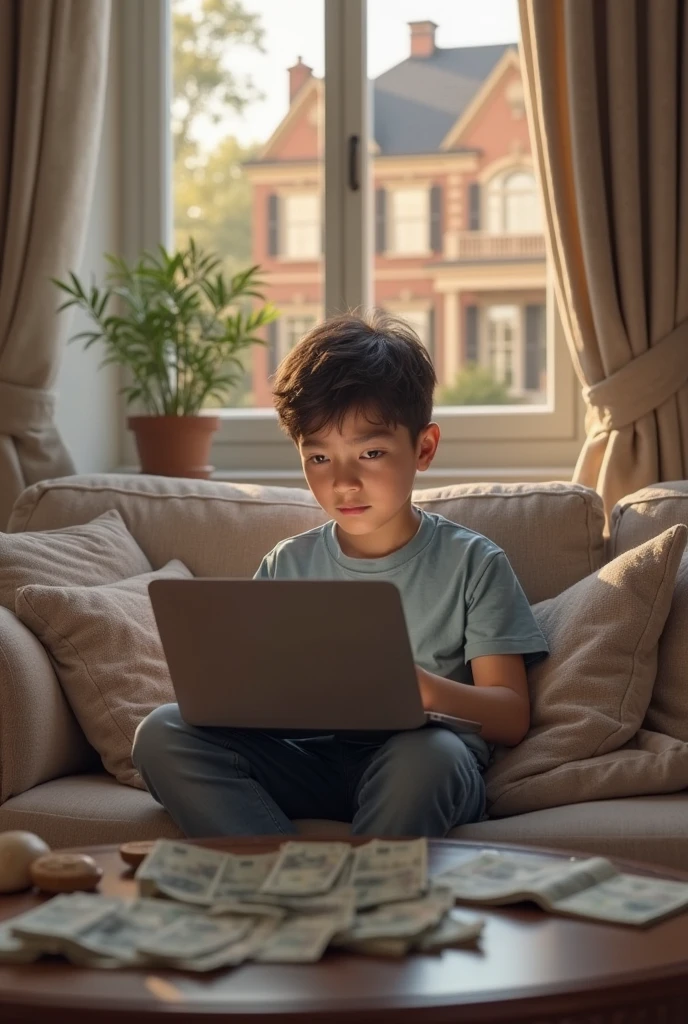 Photo ,room, a boy of about on the floor holding a laptop in his hands