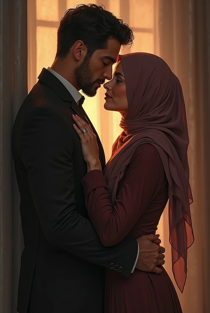 Man and maid in abaya, in love kissing.