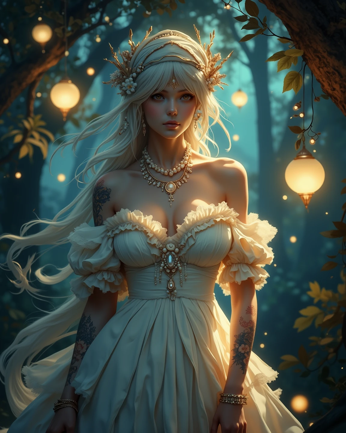 (dramatic, gritty, intense:1.4),masterpiece, best quality, 8k, insane details, intricate details, hyperdetailed, hyper quality, high detail, ultra detailed, Masterpiece,
Moon Witch1gidsolowhite witch hatblonde hairwhite dressjewelryhigh heelscleavageearringsbraceletbare shoulders Milky skin, (shiny skin:1.6)blue eyes
(blue flower:1.3)castlebuildingring(water:1.4)indoor
<lora:~Q?-gNYs]Moon Witch:0.8>
