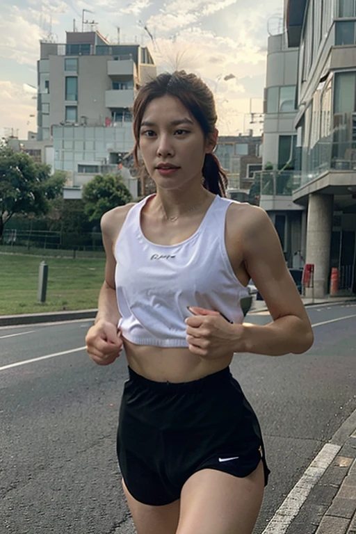 best quality, masterpiece, (photorealistic:1.4), depth of field, cowboy_shot BREAK 1girl, 18 years old, spreading legs, beautiful, straight medium-length hair, ((white tanktop with spaghetti strap)), detailed skin  BREAK dolphin shorts, poking nipples, medium breast, small body, runnin in track field, depth of field, blurred background <lora:detailed_eye-10:0.35><lora:more_details:0.5> <lora:dolphin_shorts_v0.1:0.8> dolphin shorts