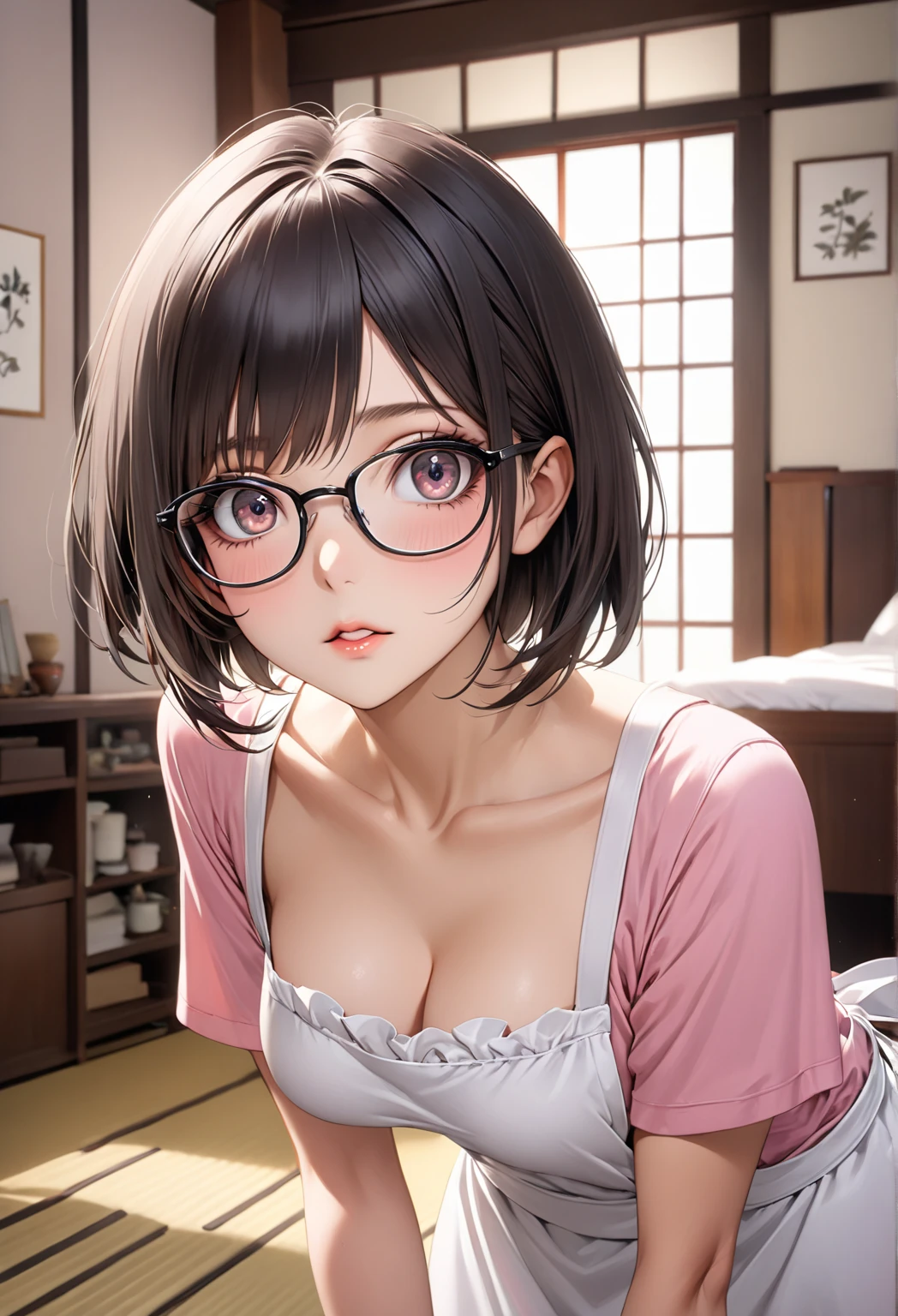 Quiet、serious、Honor student、moderate、sober、cute、A quiet beautiful girl、Glasses、Light blue kimono、night、Japanese-style room、blush、Embarrassing、とてもcute、Cleavage、Red Bra、The crimson bra is visible.