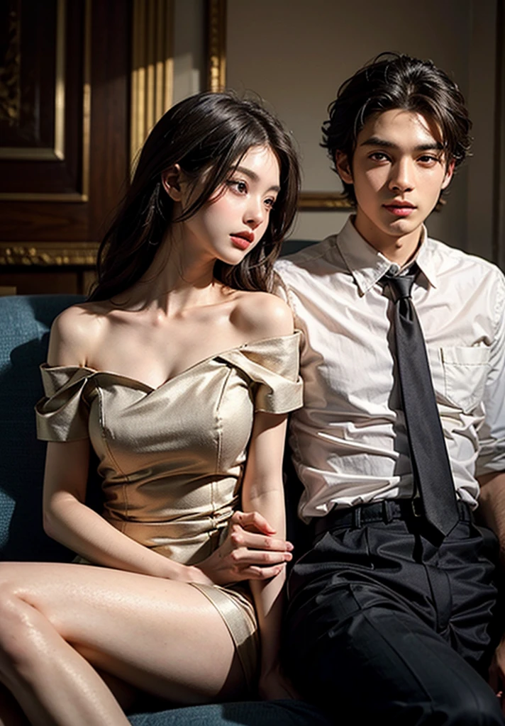 ((best quality)), ((真实感)), (detailed) perfect face, create 1 young latin woman, with black hair and green eyes, your hair is long and your boa is pink. The woman wears a dark blue dress, formal and straps. This woman is with a young Korean man, with straight black hair. The man wears a CEO suit. Com um background de um salão.