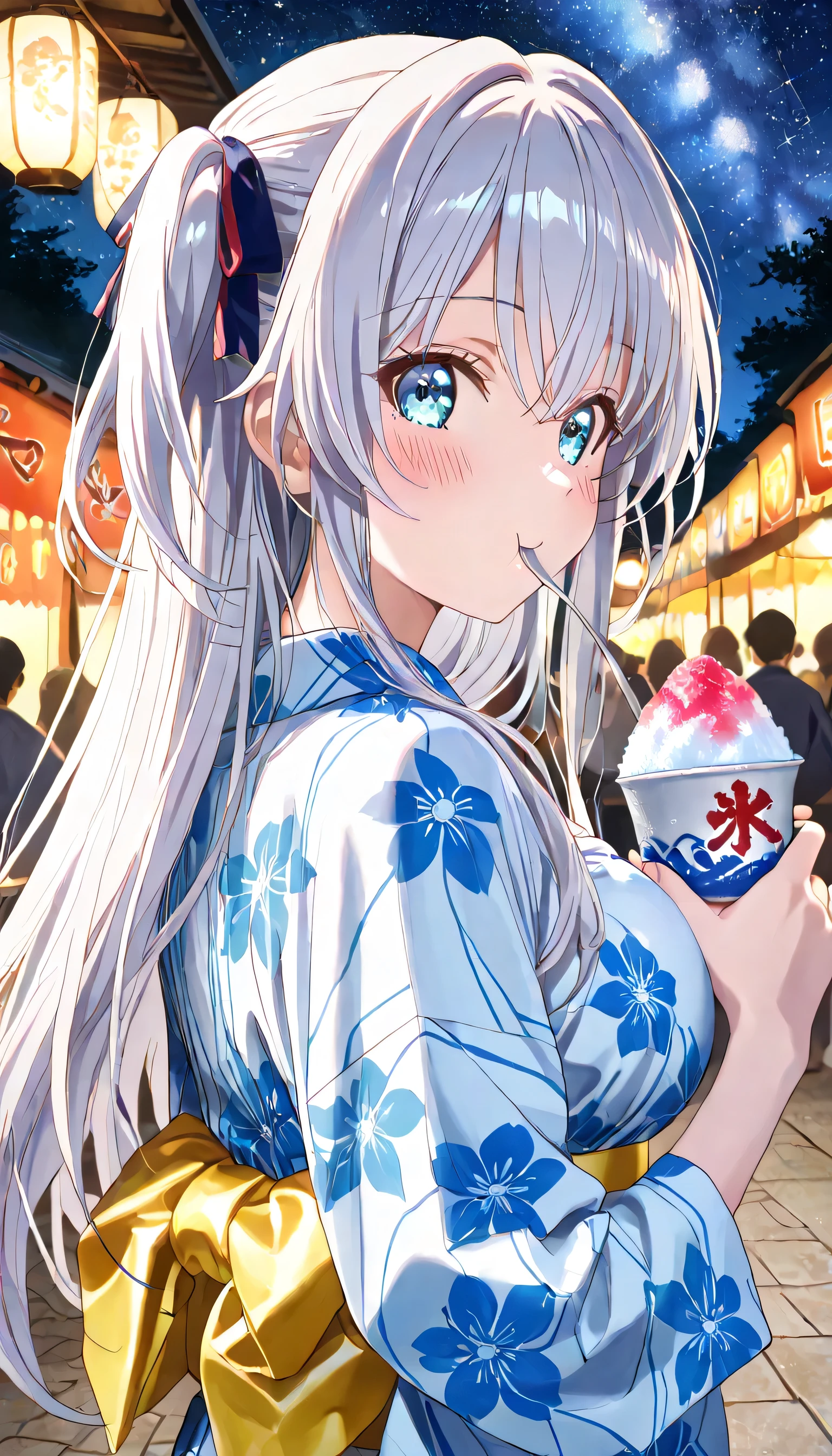 (ultra-detailed)), (highly detailed CG illustration), (best quality:1.2), ultra-highly detailed, colorful composition, artistic photoshoot, 1girl, solo focus, upper body:1.3, moe anime character, girls, round face, rounded chin:1.2, short stature, blue eyes:1.3, sagging eyes:1.3, silver hair:1.3, long hair, two side up, hair ribbon with black, ample breasts, blue yukata clotch:1.2, Eating shaved ice, eating, delicious:1.3, puffy cheeks:1.8, 0 0, blush:1.3, Traditional Japanese wooden building streetscape background, butt focus, looking at viewer, looking back, Beautiful summer sky, crowd, outdoors, sparkle,
ultra-beautiful girl, fluttering hair, best quality, masterpiece, night:1.3, Beautiful night sky:1.3, milky way background:1.4, Sparkling star, dynamic pose, from side, expecting, pink cheek, light pink gloss slip, portrait, depth of field, soft lighting, sidelighting, moonlight, lighting, caustics, ray tracing, perfect face, lustrous skin, highly detailed face, highly detailed eyes, perfect face, perfect nose, perfect hair, perfect eyes, perfect anatomy, beautiful hair, beautiful small face, extremely detailed face, beautiful detailed eyes, beautiful clavicle, beautiful body, beautiful ample breasts, leavage, breasts squeezed together, equalize the size of the left and right breasts, beautiful thin thighs, beautiful legs, beautiful fingers, 4fingers, 1thumb, lovely, (very detailed background:1.0), (highly detailed background:1.0), summer aesthetic, intricate details, universe atmosphere, summer sky colors palette, chromatic aberration