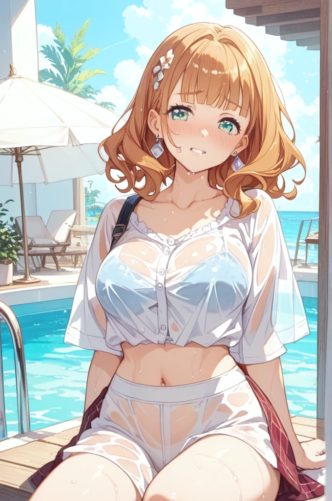 Kousaka honoka, white crop top,string straps, curvy body, yellow hot shorts, sleepy