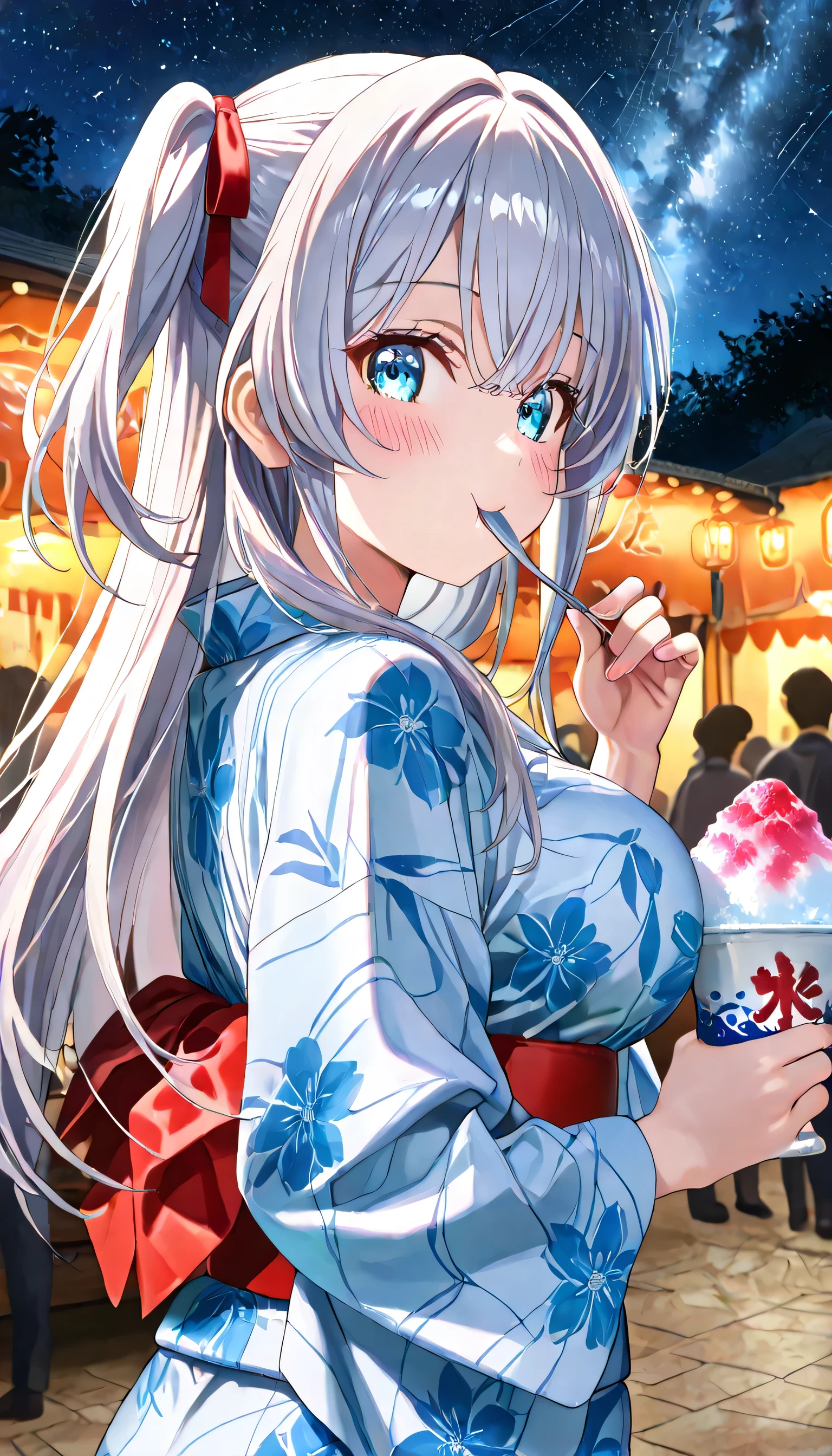 (ultra-detailed)), (highly detailed CG illustration), (best quality:1.2), ultra-highly detailed, colorful composition, artistic photoshoot, 1girl, solo focus, upper body:1.3, moe anime character, girls, round face, rounded chin:1.2, short stature, blue eyes:1.3, sagging eyes:1.3, silver hair:1.3, long hair, two side up, hair ribbon with black, ample breasts, blue yukata clotch:1.2, Eating shaved ice, eating, delicious:1.3, puffy cheeks:1.8, 0 0, blush:1.3, Traditional Japanese wooden building streetscape background, butt focus, looking at viewer, looking back, Beautiful summer sky, crowd, outdoors, sparkle,
ultra-beautiful girl, fluttering hair, best quality, masterpiece, night:1.3, Beautiful night sky:1.3, milky way background:1.4, Sparkling star, dynamic pose, from side, expecting, pink cheek, light pink gloss slip, portrait, depth of field, soft lighting, sidelighting, moonlight, lighting, caustics, ray tracing, perfect face, lustrous skin, highly detailed face, highly detailed eyes, perfect face, perfect nose, perfect hair, perfect eyes, perfect anatomy, beautiful hair, beautiful small face, extremely detailed face, beautiful detailed eyes, beautiful clavicle, beautiful body, beautiful ample breasts, leavage, breasts squeezed together, equalize the size of the left and right breasts, beautiful thin thighs, beautiful legs, beautiful fingers, 4fingers, 1thumb, lovely, (very detailed background:1.0), (highly detailed background:1.0), summer aesthetic, intricate details, universe atmosphere, summer sky colors palette, chromatic aberration