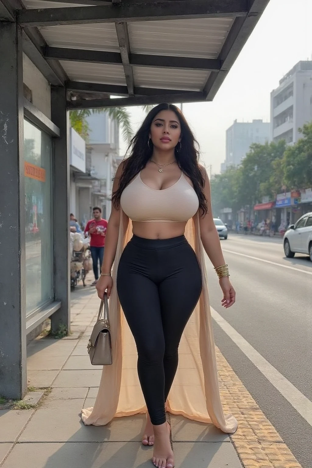 masterpiece, detailed and realistic, 8K, Indonesian hijab woman posing on a city street, thick body, giant breasts, slim stomach, very wide hips, body like a Spanish guitar, thick thighs, long legs, curvaceous body, stunning giant goddess shot, strong and big, big booty, booty, hyperrealistic full figure, wide hips