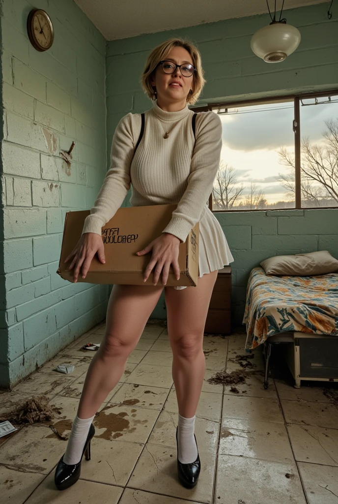 shibari, tied with ropes, blonde hair, ponytail, woman 20 years old, dirty skin, bruises, tattoos, hyper real photo of ((woman inside a cluttered truck)), ((detailed realistic face and eyes)), kneeling, from behind, looking at the camera, cinematic lighting, 8k resolution, (modelshoot style), sunset, (from_below:1.4), aroused face, soft small nipples covered by (ripped torn cotton tanktop), small breasts, ray tracing, deep shadows, specular highlights, chromatic lighting, atmospheric lighting, shadow casting, warm light, high quality