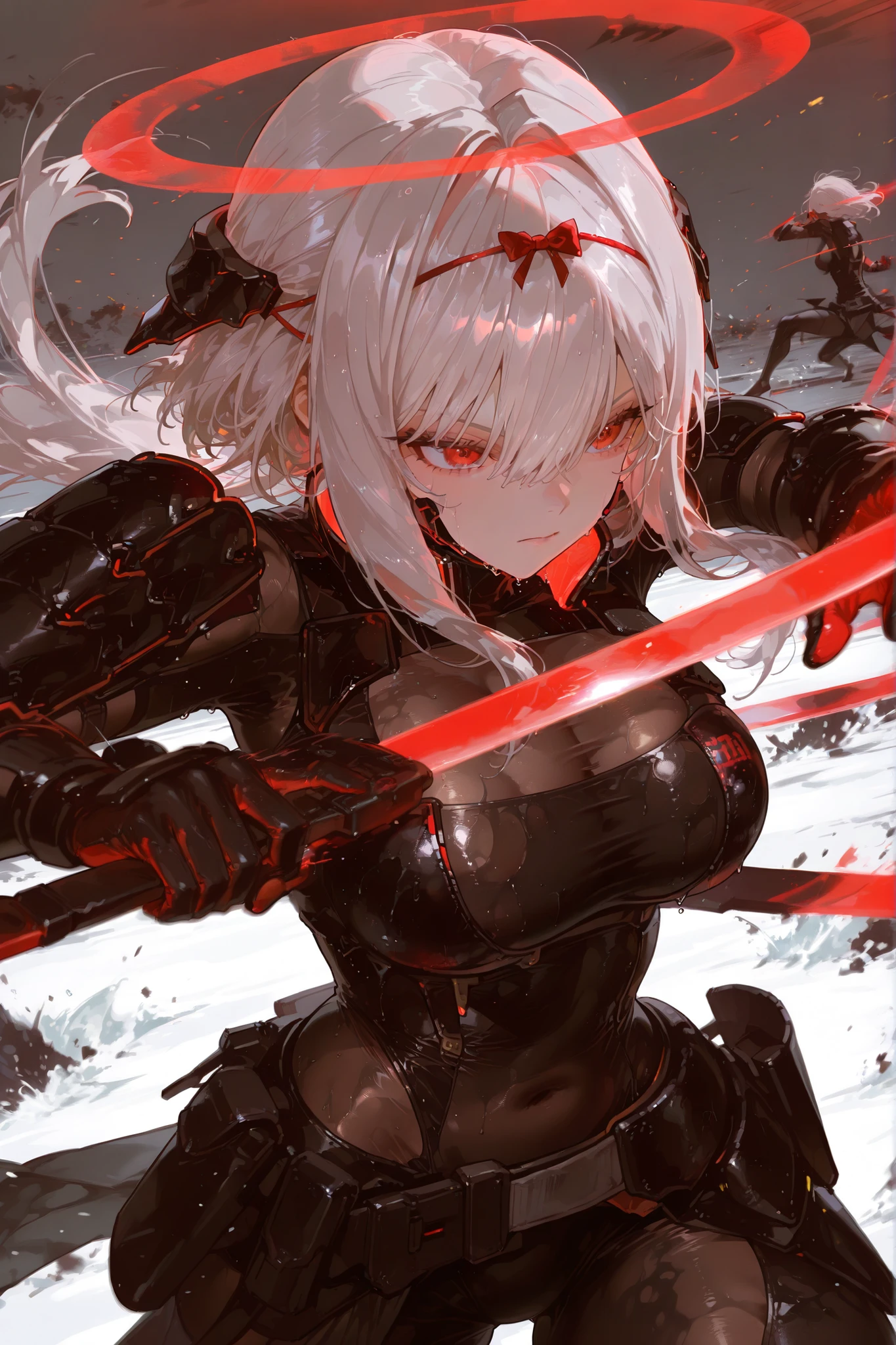 Scribes , Red Eyes, gray hair, Long Hair, hair intake, side lock, hair bow, red ribbon, headgear, Red halo, black bodysuit, Body stocking, Black Armor, shoulder pads, In the garden, big breasts, See-through Cleavage , Belly button cover, Black Gloves, Red gloves, two-tone gloves,wet fabric creases,slash effect,Battle Pose,motion blur,((solo / solo focus)), Background battlefield,