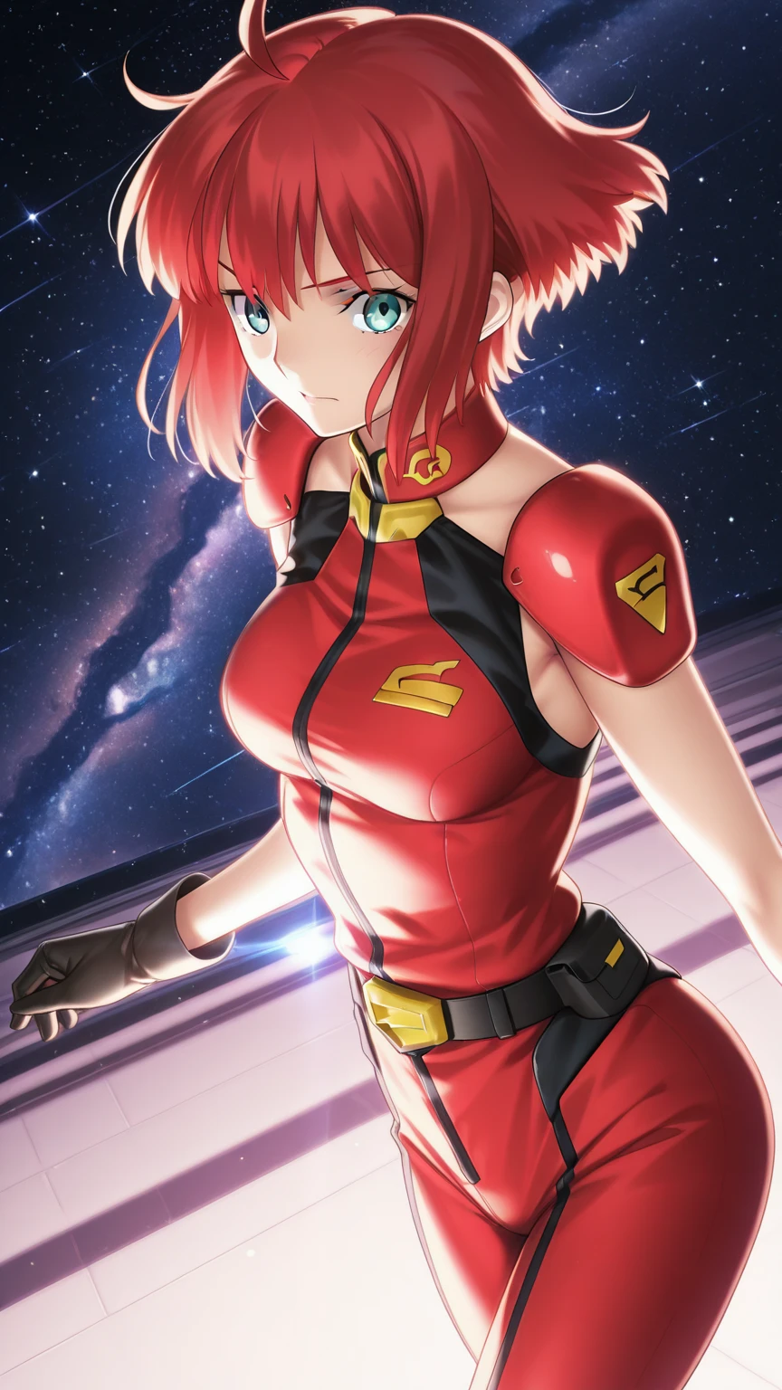 pyra \(xenoblade\), 1girl, armor, bangs, black gloves, breasts, red eyes, closed mouth, earrings, eyelashes, fingerless gloves, floating hair, framed breasts, gem, gloves, hair ornament, headpiece, jewelry, large breasts, leaning back, leotard, neon trim, official art, pose, red hair, red shorts, saitou masatsugu, short hair, short shorts, short sleeves, shorts, sidelocks, skin tight, solo, standing, swept bangs, thighhighs, tiara, space background, turtleneck, underbust, vambraces, xenoblade chronicles \(series\), (xenoblade chronicles 2),
<lora:mythra_pyra_pneuma-000042:0.5>