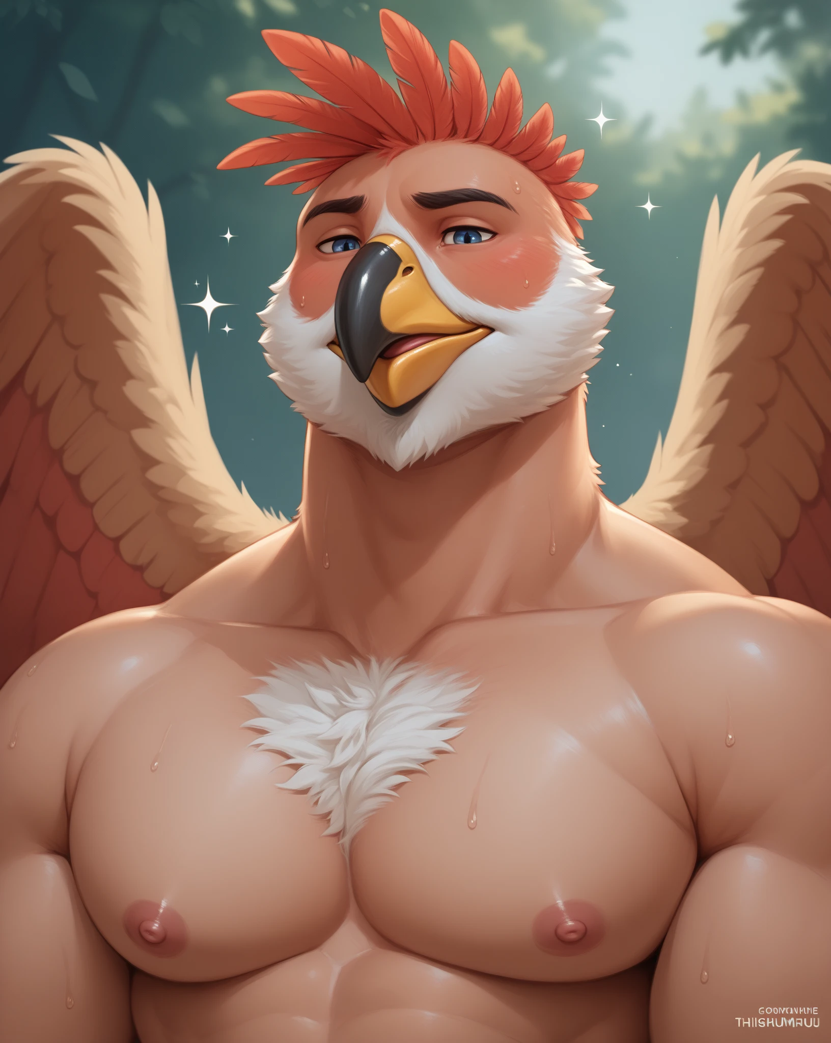 detailed background, depth of field, solo, slim, perfect anatomy, (best quality, ultra detailed, sharp:1.3), masterpiece, 8k, 4k, solo, seductive, beautiful, nsfw, seductive pose, (detailed), naughty, extremely detailed fur, beach background, muscular cuntboy, detailed eyes, nude, ((by chunie)), ((gryphon)), avian, mythological_creature, (beak), (yellow beak), (wings), gryphon wings, blue fur, pussy, presenting pussy, muscular, presenting pussy, clitoris, white_fur, cum string on pussy, cum on pussy