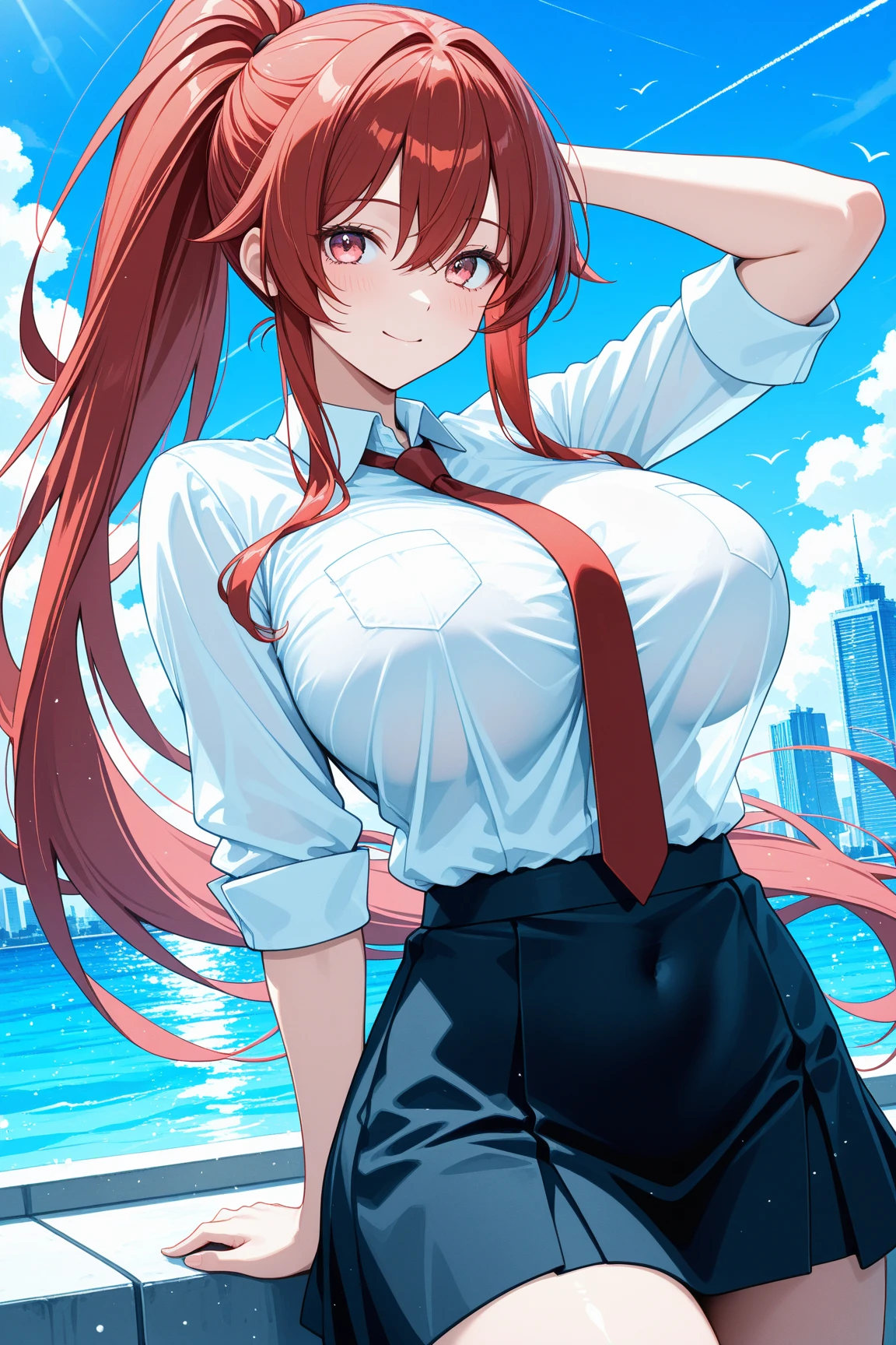 1 woman, solo, tall woman, long orange hair, straight hair ,orange eyes, (Full Breasts), High Height,masterpiece, high resolution, shiny, full body, beautiful,A cute smile that makes the viewer happy, highly detailed beautiful face and eyes,looking at viewer, holding on to the railing of the train,armpits, presenting armpit,(looking away:1.4), (train interior:1.3),(crowded train:1.3), upper body, (white shirts:1.5),