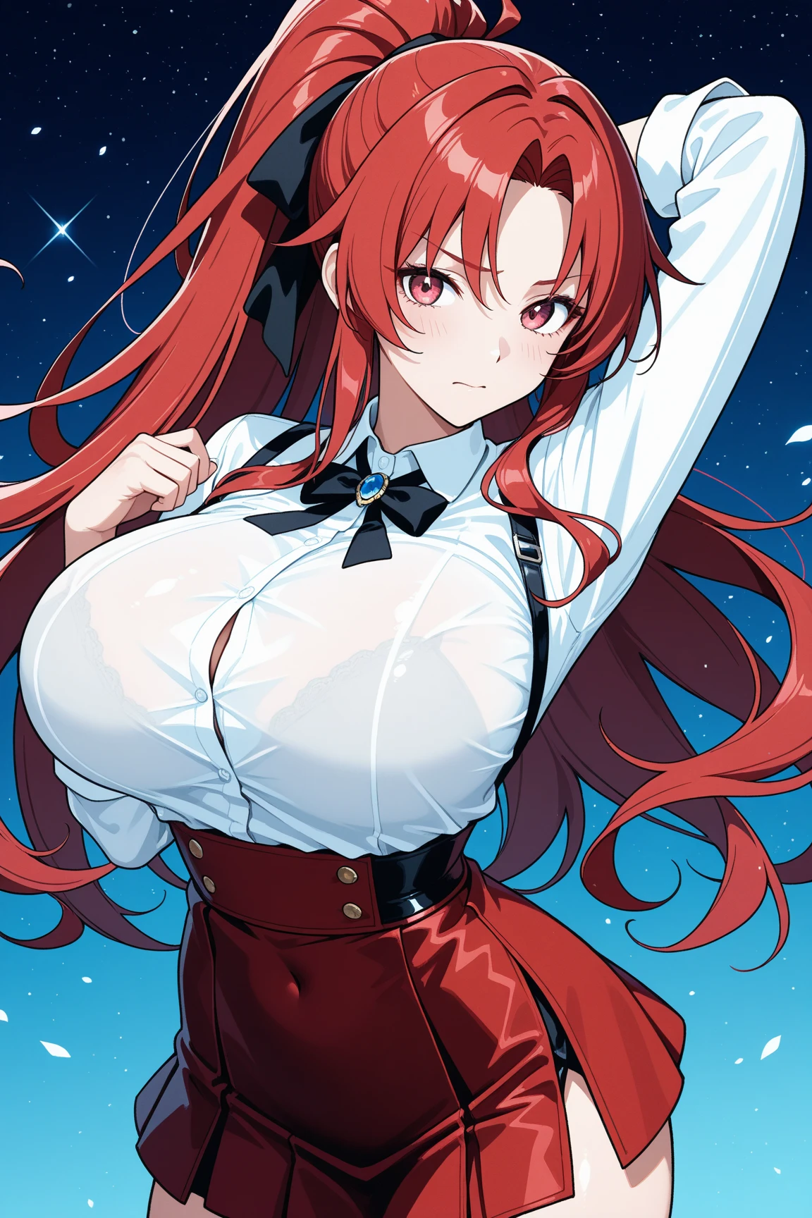 (masterpiece, best quality), 1girl, aroused, gigantic breasts, Mitsuru Kirijo (Persona) Kirijou Mitsuru (Persona), gekkoukan high school uniform, white button up shirt, black skirt, chest bow, hair over on eye,