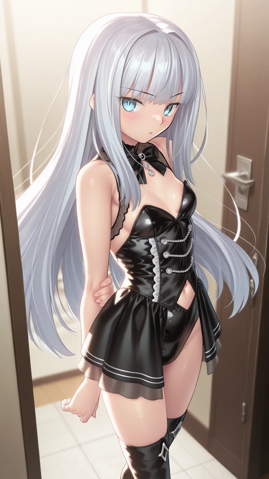 highest quality,sleep on your back in bed，Crab crotch，show me your boots，thigh high boots，leotardチラ見せ，glove，elegant, 1 girl, leotard，body suit，cute, blushed, looking at the viewer, from below, prison，blue eyes, beautiful eyes, beautiful background, particles of light, Light of the sun, dramatic lighting, outside, shiny, realistic, table top, highest quality, Super detailed, get used to it, scenery, beautiful and detailed eyes, thin hair，full body shot，