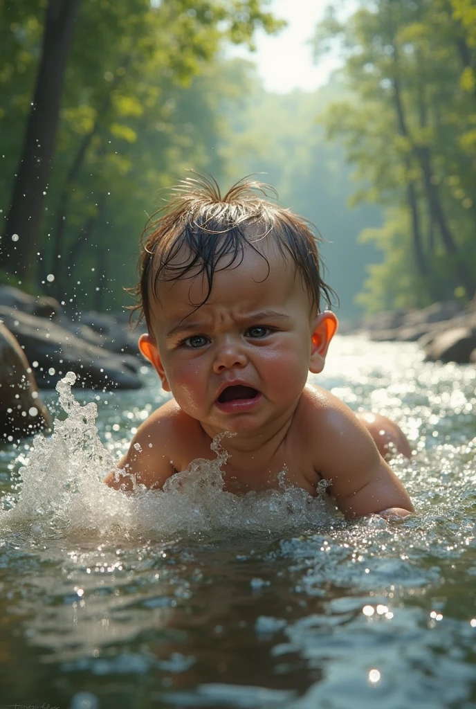 A baby crying in flood