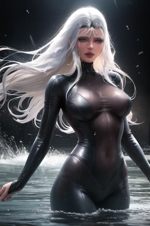 A beautiful mature woman in her thirtis smiling gently. She has long curly blonde hair. Her round eyes, beautiful face and snow white skin. She is wearing beautiful black pencil skirt, black stockings and appear sexy. She has flawless perfect figure, big voloptous breasts, slender waist, and round curvy ass. Her body is proportional and flawless.