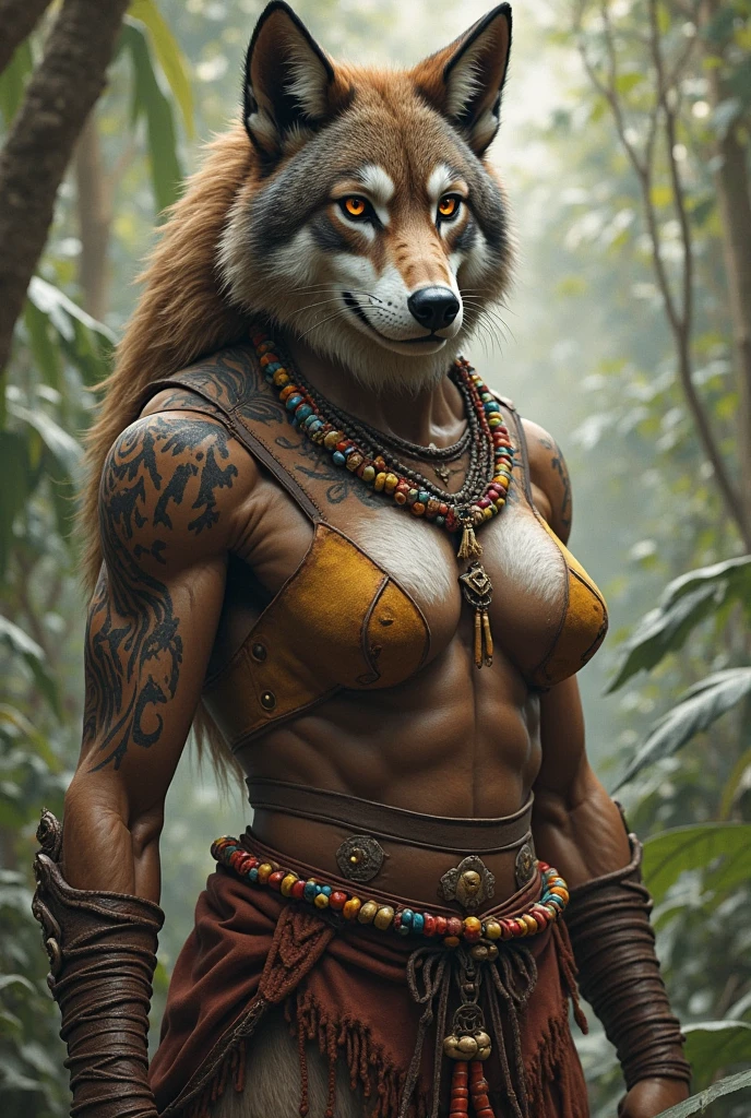 There is one adult character on this picture. The character is an athletic female grey wolf, grey fur, athletic character, athletic, yellow eyes, barefoot, digitigrade, paws, black pawpads, wolf hands, wolf tail, topless, female bare chested, bare chest female, black nipples, black areolas, the character is wearing only a loincloth with a few tribal jewels, loincloth, visible black vagina behind the loincloth, black vagina, visible black pussy behind the loincloth, black pussy, nsfw. The scene takes place on a pine trees forest. Pine trees forest on the background. Cloudy sky. fog.