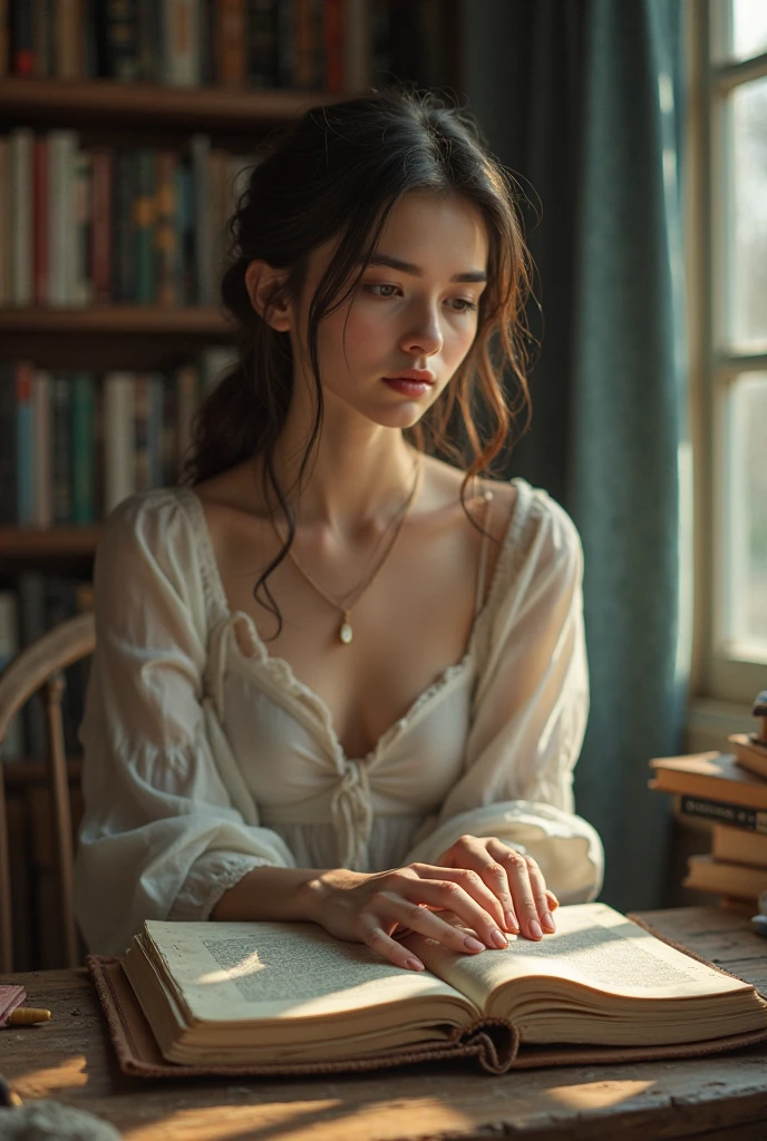 I want a beautiful woman sitting on the couch, she is sad looking at a photo album.