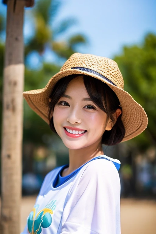 masterpiece,best quality,(Japanese ),((Beautiful girl)),cleavage,(perfect body beauty:1.2),(shy smile),beautiful teeth,(Blurred background of brick buildings),(hat),