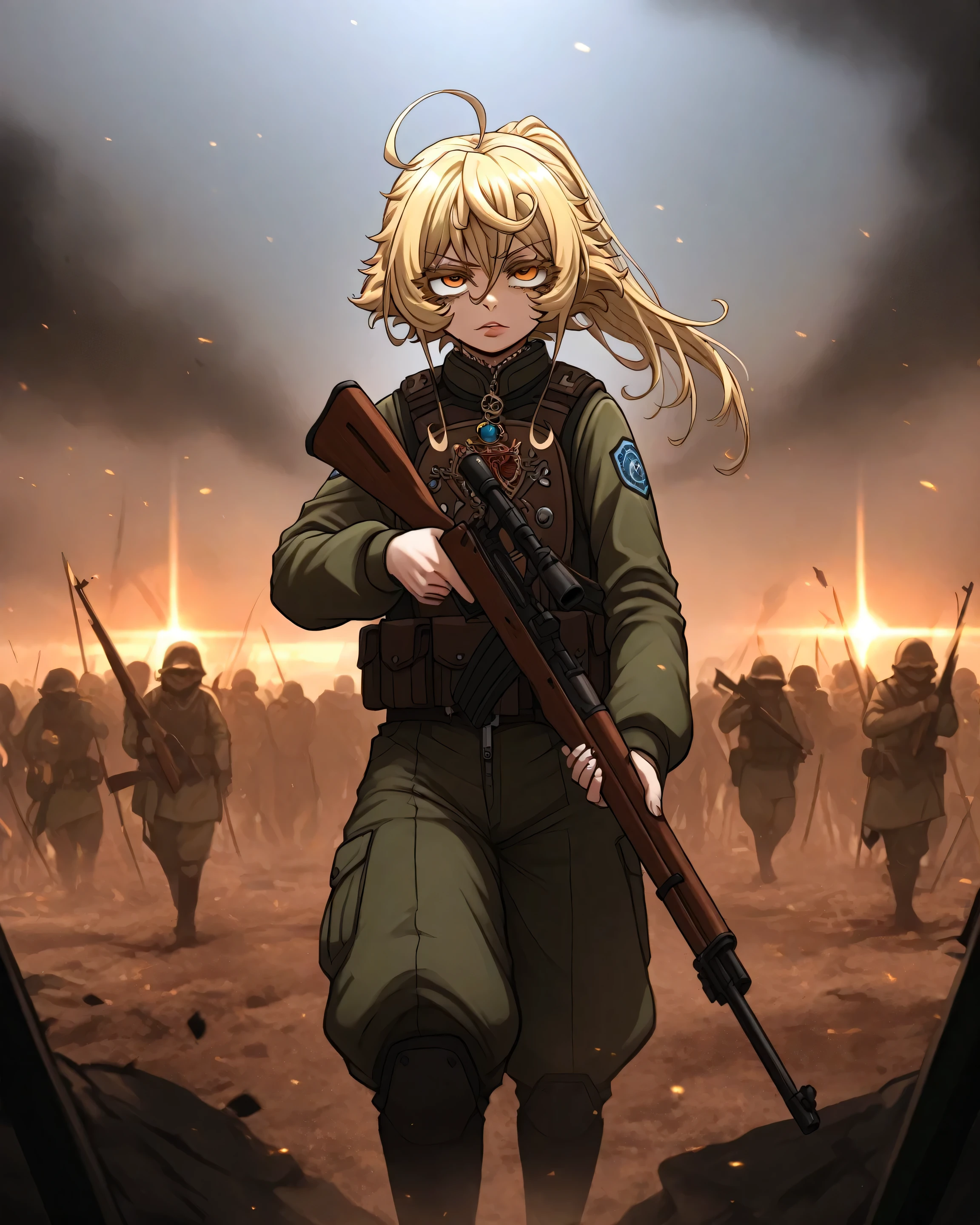 Tanya Degurechaff walking with a rifle in her hand on the battlefield, despotic background, de perfill, melancholic , clima de guerra, cores frias