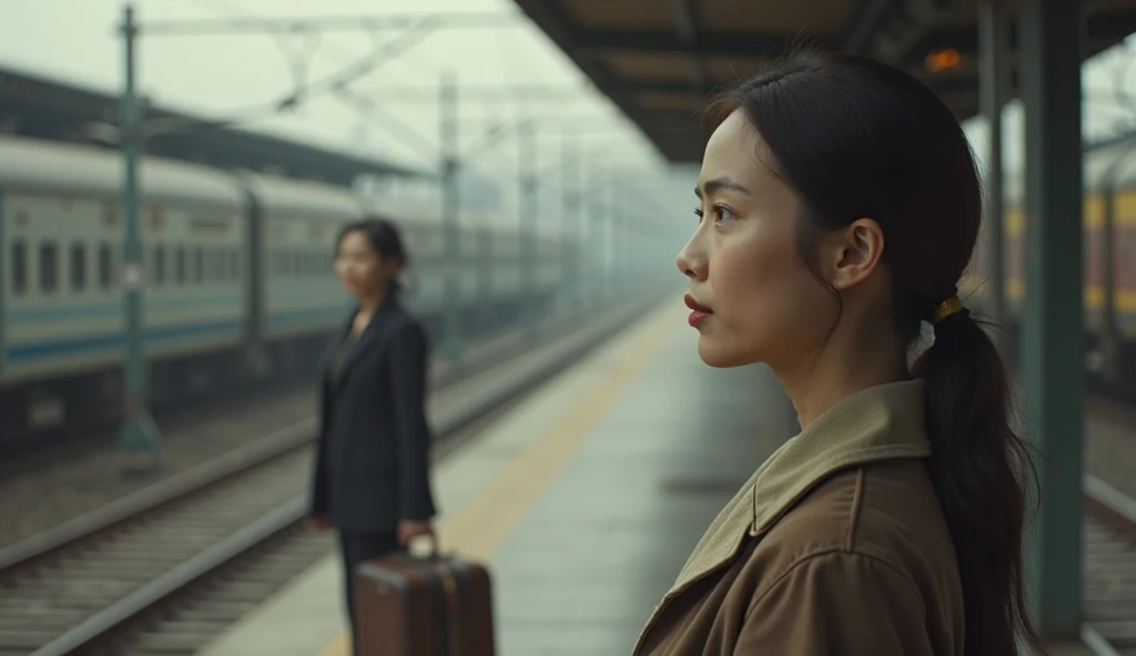 A close up Photograph capturing the intricate details of a Beijing train station full of commuters, a pretty girl in the middle of crowd, sunshine on her face, the moment before she turned around, cinematic, film grain, Kodak Ektachrome E100 film colors
