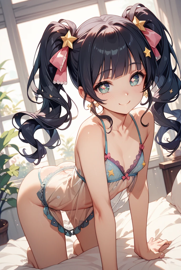 masutepiece, Best Quality, Detailed face, (Detailed eyes), Detailed hand, and smiling girl 、Underwear, Flower headband, Holding a 、Erotic body、sexy langeries、Slit lingerie、The slit for underwear is open、Panties that dig into the buttocks、FULL BODYSHOT、posterior view、Looking back