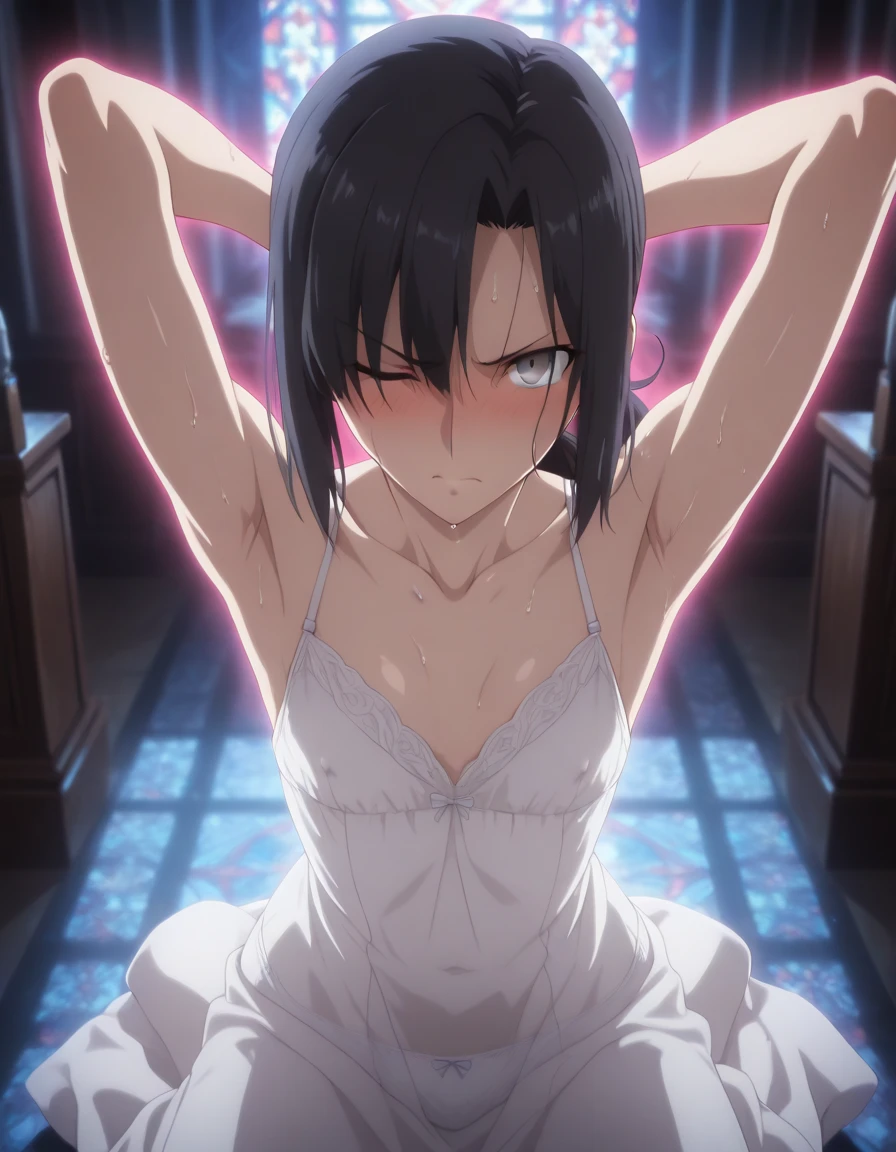 {artoria pendragon_fate ubw:1.15},(((black hair:1.5))), ((beautiful dark blue_eyes)), , ((Strong light )) ,  ((1 very tall girl:1.6)),, alone,((surprised eyes:1.7)),  hair between eyes,,,,, cleavage, thighhighs, ((( very long straight hair))), ((topless:1.8)) , beautiful light, , close up face:0.2,　detail navel , detail thin thigs, ,  ((sitting on silver liquid:1.8)),                                                                                                                                                                                          wet white lace panties , trouble eyebrow, ((black suit pants:1.5))                                　　　　　　　　　　　　　　　　　　　　　　　　　　　　　　　　　　　　　　　　　　　　　　　　　　　　　　　　　nsfw,(ecstasy:1.8) ,(slut:1.6),(vulgarity:1.7),(fucked silly:1.8),(steam:1.5),(wet:1.5),(trembling:1.5),(Turning the face side to side:1.5) ,(drooling:0.6),(sweat:1.5),closed mouth:0.8, wince,(orgasm:1.7), trembling:1.8,　　　　　　　　　　　　　　　　　　　　　　　　　　　　　　　　　　　　　　　　　　　　　　　　　　　　　　 beautiful upper body, Beautiful body, beautiful character design, perfect eyes, Perfect face, expressive eyes, Turning the face side to side,(church:1.5),in the center of the image, official art,High Definition CG Unity, Perfect lit, bright_front_face_lit, ,(Highest_quality:1.0),4k,Super detailed, photograph, 8K, nffsw, High resolution, absurd:1.2, kodak portrait 400, film grain, Lens flare, (lively_color:1.2) (beautiful,small breasts:1.4), (beautiful_face:1.3),(narrow_waist),((blush)), ((detail nipple)),,saber, dress, pony tail