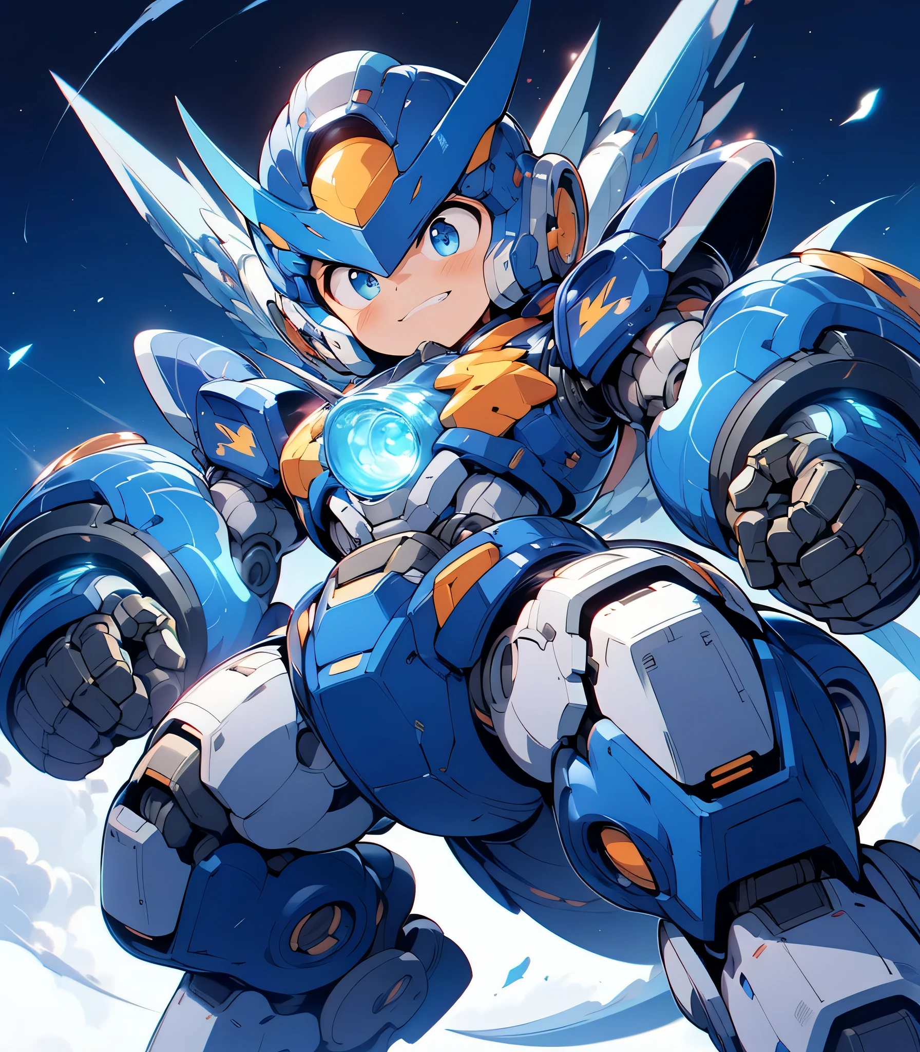 male child,1boy, (1 chibi boy in large robot costume), evil smile, (chibi), helmet, large cute face, (looking down), mechanical parts, full armor, mecha armor, shoulder guards:, (huger arms), (mechanical arms), (huger body), (heavy equipment), (from below), blue sky, white clouds, robot joints, becoming a mecha, mecha, (RARS), (HRS), ROBOTANIMESTYLE, cute, boy, ((masterpiece)), vibrant colors, 8k, best quality, ultra detailed illustration, ((best quality)), ((high resolution)), flawless skin textures, shiny oiled skin, extremely detailed anime eyes , extreme light and shadow