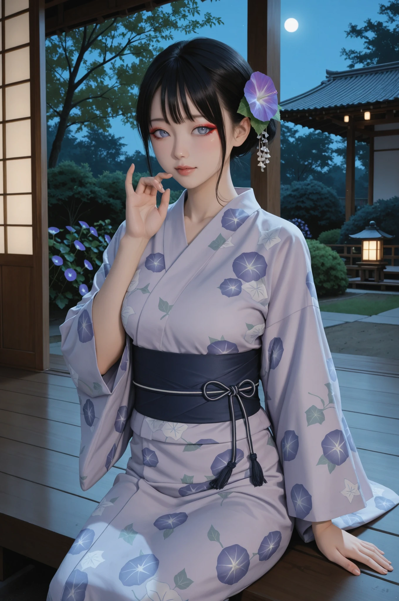 High Quality, Perfect Finish, artistic,  Beautiful woman in a yukata , light purple yukata, Morning glory hair ornament, glossy black hair, Japanese style makeup, Long Eyes, Hannari Beauty, Cool Expression, A veranda with wind chimes, summer night, moonlight, Soft Light, Japanese style architecture, garden, firefly, Sensual Gesture, moist atmosphere