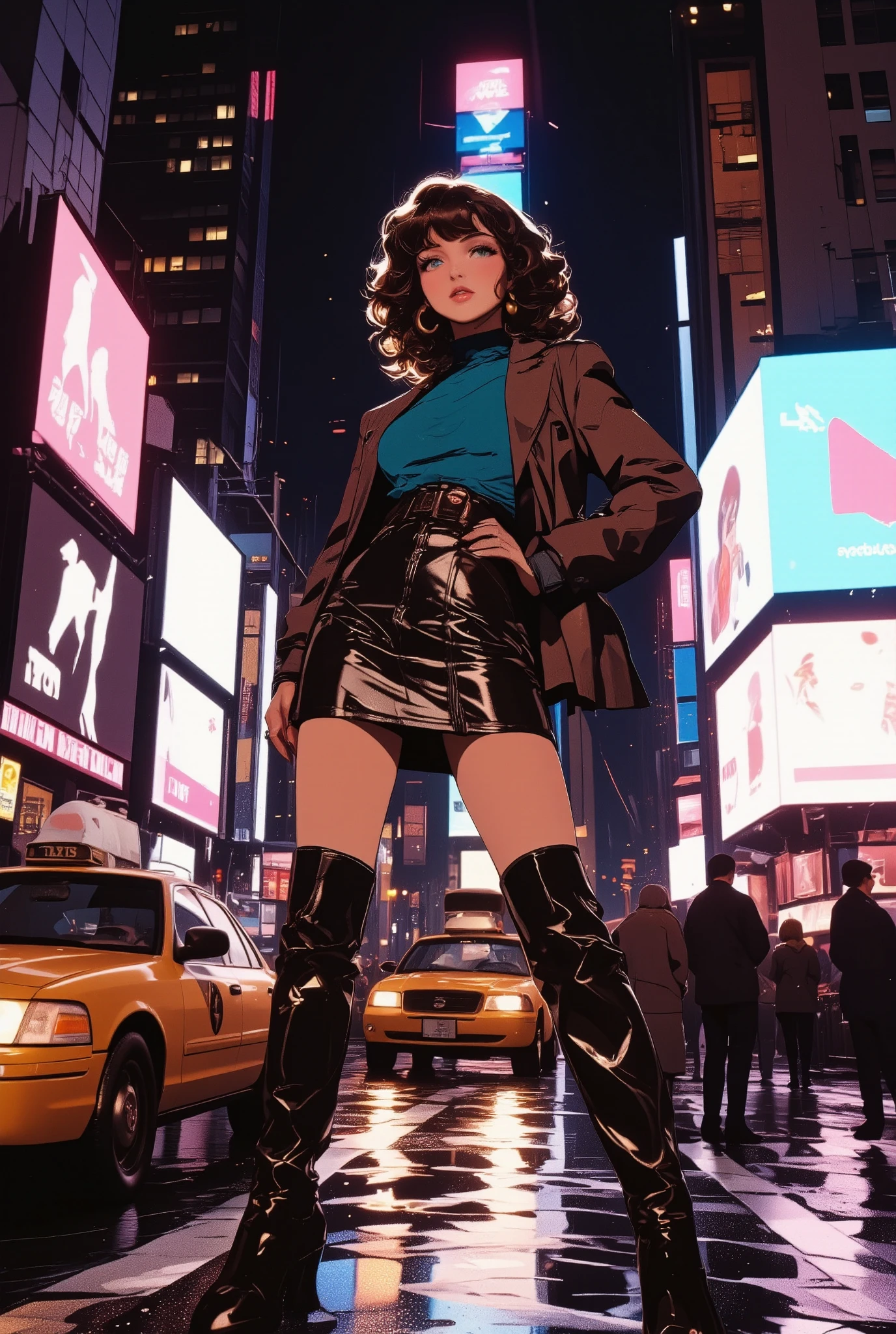 a stylish woman in vibrant 1980s fashion—shoulder-padded blazer, shiny leotard-style mini dress, big curled hair, colorful makeup, hoop earrings—
posing with confidence in modern Times Square at night,
surrounded by towering LED screens, taxis, and digital billboards,
she looks like she just stepped out of an MTV video,
crowds glance at her unusual retro look,
bright neon reflections on wet pavement, cinematic atmosphere, 1980s meets 2020s
