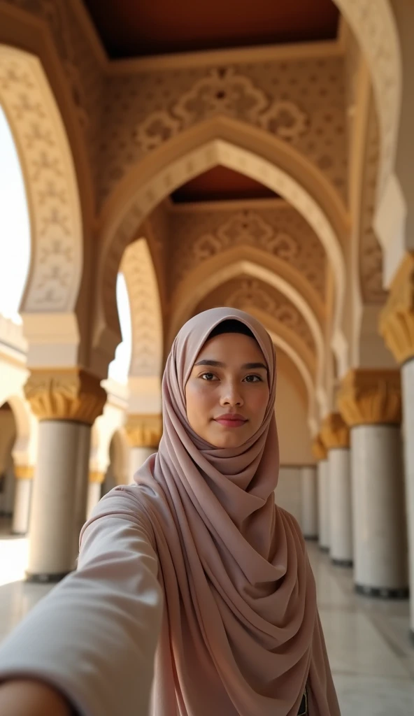 Asian Muslim girl wearing a beautiful hijab smiling sweetly in front of the mosque. realistic photo