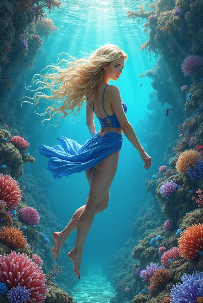 A middle school Russian girl in a pale skin,(( short apple green braided hair )) ((waving hair towards ocean current)) wearing transparent  two piece bikini, snorkeling diving, camera shoot view is a bottom between of her two feet (( open legs)),((exposed pussy line))(( A cup breast, exposed nipples hard errect))skin texture glows from light reflecting ocean, light reflected by the moon, glowing blue from above surface rays swimming at the bottom of the bright ocean, waves, she smiles with teeth showing as she exhales air from mouth,. Clear bubbles rise upward from her mouth. Her dark blonde hair spreads and flutters in the water,  sunlight radiate through her body. The bottom of the sea is corrals with rocks peeking out in places, and a few seaweed, crabs, and sea urchins are visible. Fantastic digital art with a realistic, photographic atmosphere.