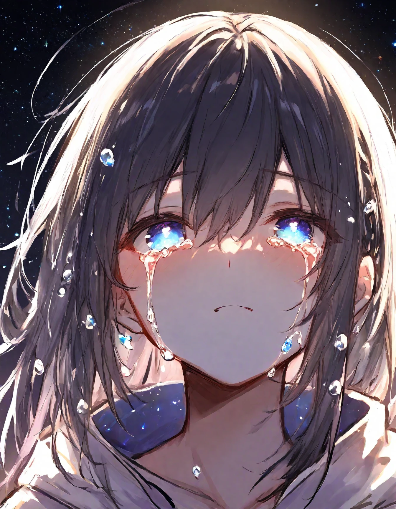 [(Black background:1.5)::5],(sobbing :1.5), (Upper Body:1.1), (Portraiture), One boy, Highest quality, Game CG, Black and white two-tone hair, Blue eyes, White Shirt, Put your hands on your face