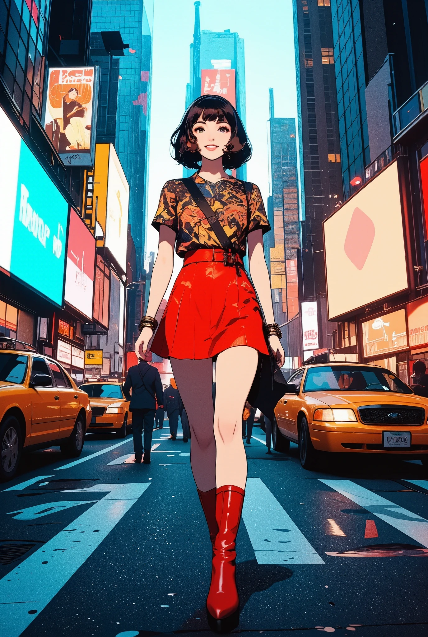 a young woman in vivid 1960s Mod fashion—mini skirt, go-go boots, bold patterned top, short bob hairstyle, heavy eyeliner—
cheerfully walking through present-day Times Square,
surrounded by digital billboards, cars, and crowds,
she radiates colorful vintage energy, clashing playfully with the urban tech landscape