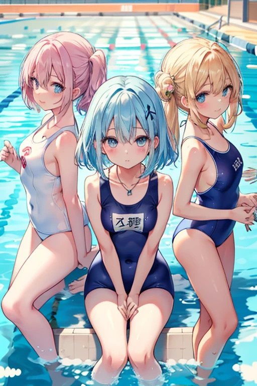 Highest quality、High resolution、Detailed Background、Beautiful face in every detail、Detailed facial expressions、Detailed eyes、Teenage beauty、Highly detailed face、Light color hair、Bobcut、ponytail、Perfect body line、Water play spot、Water play slide、Water play event、
(Three girls playfully splashing water on each other:1.5)、
School Swimsuit、白いセーラーSchool Swimsuit、My whole body gets wet、Smiling、A big smile、A fun atmosphere、cute