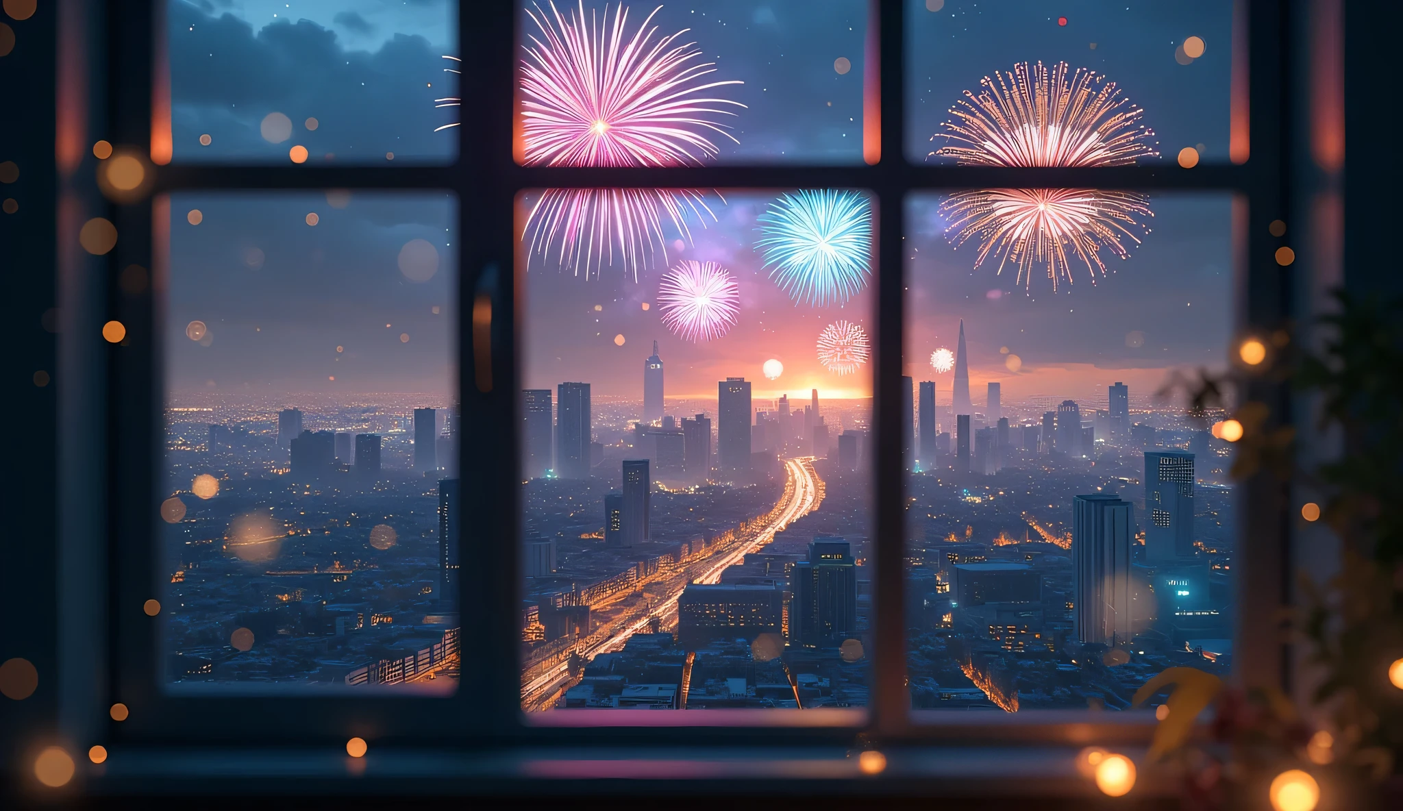 Scenery Seen Through a Window,Windowside with fireworks visible、high quality realistic 3d rendering,precise texture,Sparkling night view,Deep Colors,sophisticated composition,Charming Atmosphere,Delicate Details,Exquisite Bokeh ,Masterpiece,City