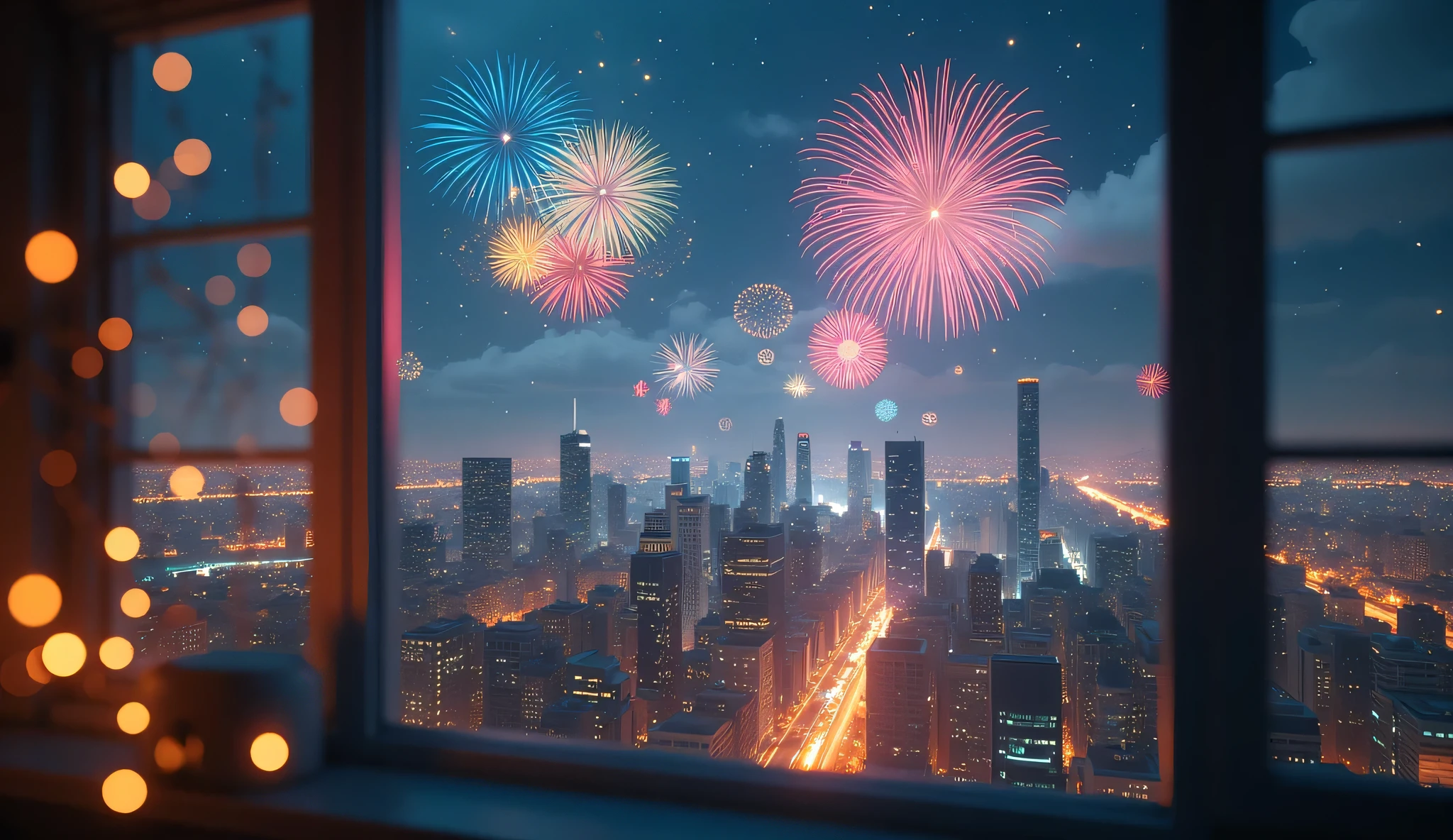 Scenery Seen Through a Window,Windowside with fireworks visible、high quality realistic 3d rendering,precise texture,Sparkling night view,Deep Colors,sophisticated composition,Charming Atmosphere,Delicate Details,Exquisite Bokeh ,Masterpiece,City