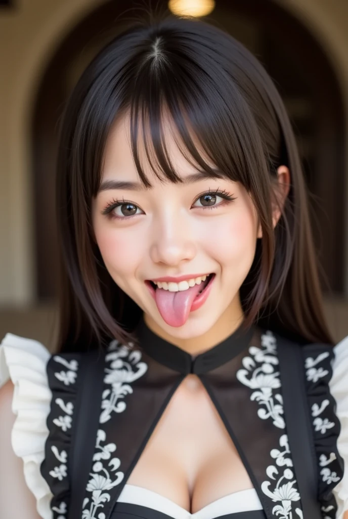 Black sweater mini dress,bare shoulder,oollarbone,open mouth,tongue out,??? on tongue,Sitting on a black sofa,looking ahead,from above,flont view,face focus,open mouth,tongue out,(1girl,Beautiful 16 year old girl),((Slender,Small breasts,Small face,)),looking at viewer,Black Hair,bangs,straight,Beautiful and detailed,Mischievous smile,Dimly lit room,Simple Background,Black Background,Low lighting
