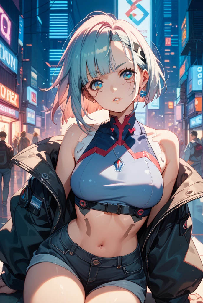top-quality、Top image quality、masterpiece、girl with((18year old、Best Bust、big bast,Beautiful blue eyes、Breasts wide open, blue ponytail、A slender、Large valleys、Reflecting the whole body、Red face、Shining eyes、Headphones on the head,Black hoodie、Black short skirt、head phone、))hiquality、Beautiful Art、Background with((A city that shines at night)))、,masutepiece、visualart、depth of fields、