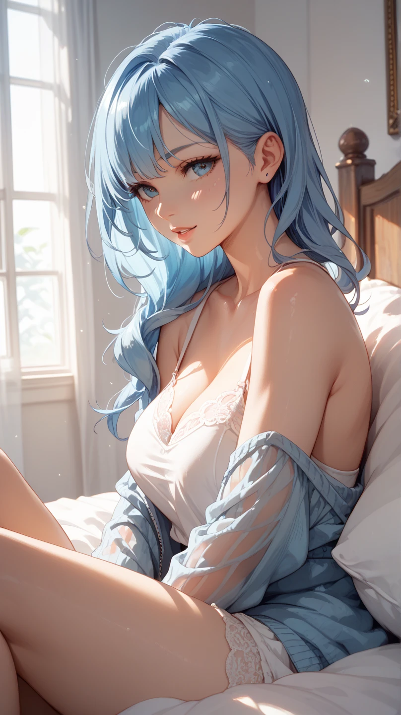 Character Details:, - Gender: 1 Girl.
- Style: Anime, - Body Type: Attractive body, slim body, nice legs, slim tights, nice arms, nice shoulders. - Breast: (Small Breast:1.2), (Cleavage:1.1), (Nice Nipple:1.1), (White Goo:1.4), (White Sticky Goo Over Body:1.4), (White Goo on Face:1.4), (Sticky Liquid on Breast:1.2),.
- Facial Feature: Beautiful, Gorgeous, Teenager, Fresh, Young.
- Expression: Shy, Pink Blush on Face, Pink Tongue, Sexy Eyes, Sexy Look, (Sweating:1.4), Innocent Look, Tipsy. - Hairstyle: Blunt Bangs, Long Hair. - Hair Color: (Light Blue Hair:1.5), (Messy long Hair:1.3),
- Clothing: (Yukata:1.4), (Off-Shoulder:1.3),. - Body Pose: (bend over:1.4), (Hands on Knee:1.4),. - Behaviour: Waiting, Want Something, Secretly.
- Accessories: Earrings, No Hair Accessories, Environmental Details:, - Setting: Bed Room., - Lighting: Natural Light., - Decoration: Modern Bed, Chair, Window, White Curtain, City View. Top view. pov, anime style, UHD, retina, masterpiece, accurate, anatomically correct, textured skin.