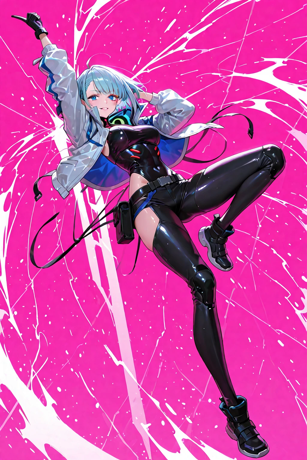 masterpiece, best quality,1girl, split, standing split, kula diamond, solo, long hair, blue hair, breasts, standing on one leg, standing, red eyes, bangs, bodysuit, medium breasts, simple background, gloves, pink background, leg up, chaps, zipper, cropped jacket
////////, <lora:reikoXL128dim-000101:1>