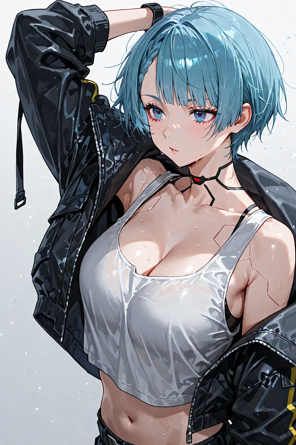 Cute girl, white skin, short white hair, black eyes, blue tattoos, semi-naked, collar, big breasts, exposed stomach, short pants, 